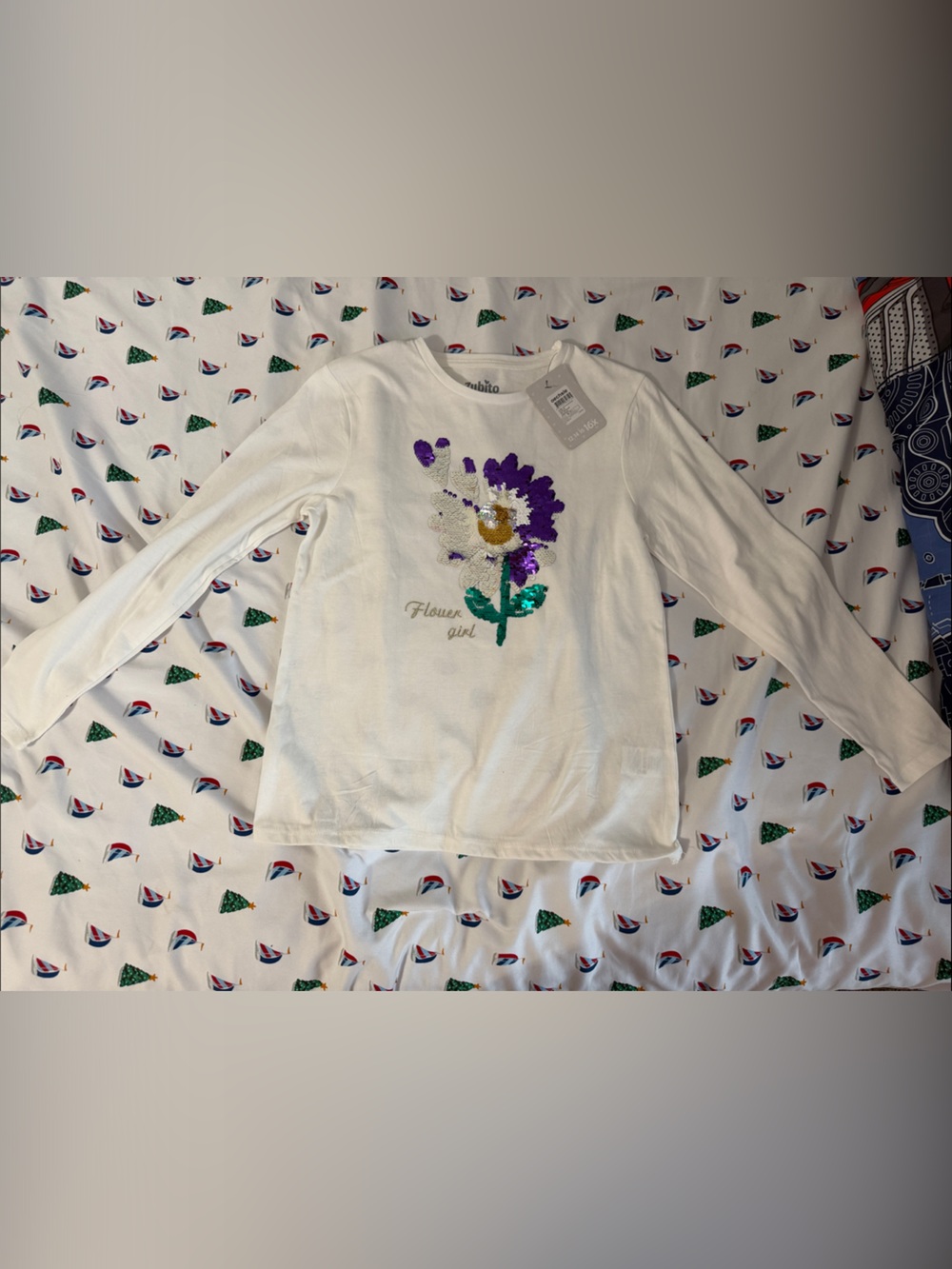 Wonder Nation Girls' White Long-Sleeve Sequin Flower Top